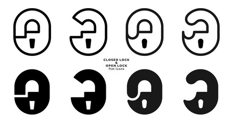 Lock flat linear icons set. Closed lock and open lock for applications, web sites and other internet resources. Set of vector isolated elements.