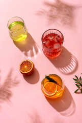 Popular summer ice alcoholic cocktails served under the summer sun light, view from above.