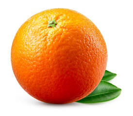 Orange fruit isolate. Orange citrus on white background. Whole orange fruit with leaves. Clipping path. Full depth of field.