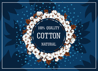 Vector horizontal illustration with cotton twigs and leaves. Banner for advertising textiles and packaging of products from natural fabrics. Premium quality textile label