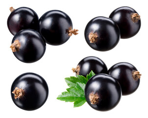 Black currant with leaf isolate. Currant black on white background. Set with clipping path. Top view. Side view. Full depth of field.