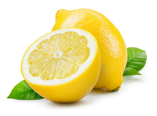 Lemon isolate on white. Lemon fruit whole and a half with leaves. Side view on white. With clipping path. - obrazy, fototapety, plakaty