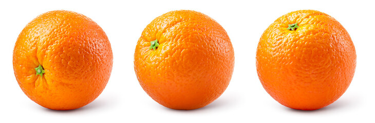 Orange fruit isolate. Orange citrus on white background. Whole orange fruit set. Full depth of field. With clipping path.