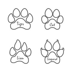 Traces of animals Cat, leopard, lion, tiger footprints set