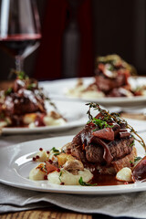Gourmet appetizer: Beautifully decorated catering banquet foie gras with berries