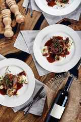 Gourmet appetizer: Beautifully decorated catering banquet foie gras with berries