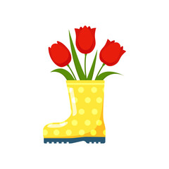 Bouquet of red tulips, green leaves in yellow rubber boot, isolated on white background. Spring Floral Design. Postcard for Easter, Spring Festival, Mother's Day, birthday. Cute vector illustration 