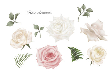 set of roses elements include rose flowers and leaves