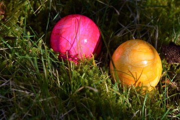 Close up of two colorful eastereggs in the mossy grass