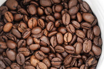 Brown colour many coffee beans in big white container for storage