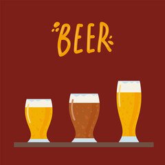 Glasses of different beers. Illustration for the bar menu. Low-alcohol and non-alcoholic foaming drinks. Vector poster for a pub. Vector illustration