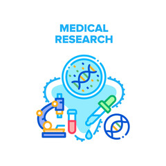 Medical Research Vector Icon Concept. Medical Research Molecular Laboratory Analysis And Examination Blood Or Dna. Microscope Lab Equipment For Research. Biotechnology Color Illustration
