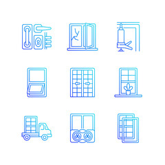 Window and door installations RGB color icons set. Locks, levers. Fixing cracked glass. Insulating barrier creation. Thin line contour symbols bundle. Isolated vector outline illustrations collection