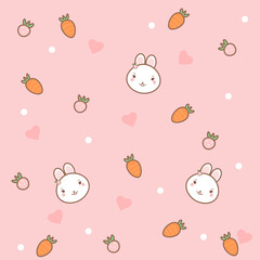 Cute pink pattern with rabbits, carrots, hearts and strawberries.