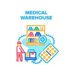 Fototapeta premium Medical Warehouse Storage Vector Icon Concept. Medical Warehouse Storaging Shelves And Worker Transportation And Carrying Medicaments On Cart. Medicine Drugs Package Color Illustration