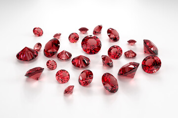 A scattering of rubies of various sizes on a white background. Exhibition of precious stones. 3d rendering.