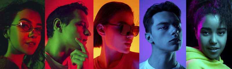Collage of portraits of young emotional people on multicolored background in neon. Concept of human emotions, facial expression, sales. Smiling, posing stylish, fashion. Flyer for ad, offer