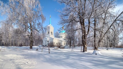 Winter view of orthodox church in Gorodets.