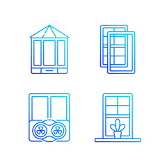 Doors replacement service RGB color icons set. Bay and bow windows. Temperatures maintenance. Windowsills. Thin line contour symbols bundle. Isolated vector outline illustrations collection