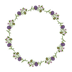 Round frame with pink and violet aster flowers and sakura branches on white background. Doodle style. Vector image.