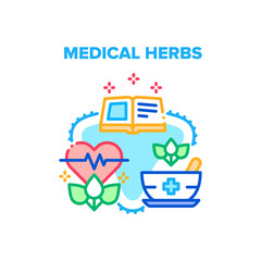 Medical Herbs Vector Icon Concept. Alternative Medicine With Medical Herbs And Book For Study And Educate Plant For Human Healthcare And Treatment. Prepare Natural Medicaments Color Illustration