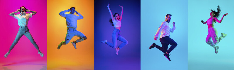 Fototapeta na wymiar Collage of portraits of young emotional people on multicolored background in neon. Concept of human emotions, facial expression, sales. Jumping high, flying, energy, dancing. Flyer for ad, offer