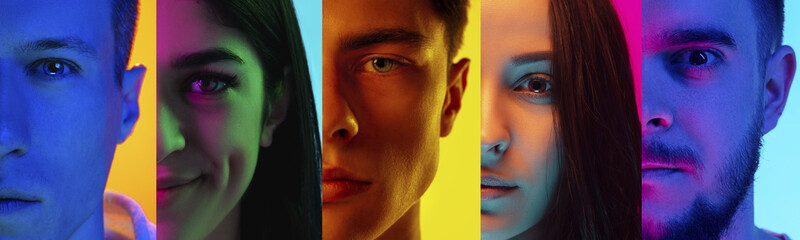 Collage of portraits of young emotional people on multicolored background in neon. Concept of human...
