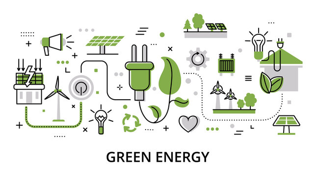 Green Energy Concept, Flat Line Design Vector Illustration