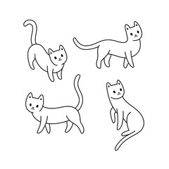 Cartoon cat icon set. Different poses of cat. Vector contour illustration for prints, clothing, packaging, stickers.