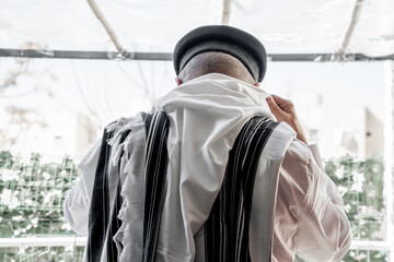Religious orthodox jew puts on a tallit for prayer. Back view (262)