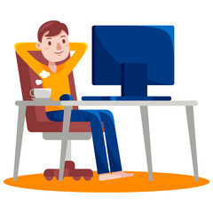 Man Working with Computer at Home. Vector Illustration with Flat Design.