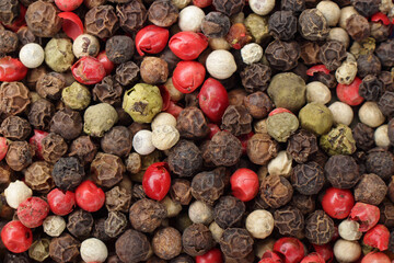 Top view of pile of various peppercorns, close up. Mix of black, white, green and red dried...