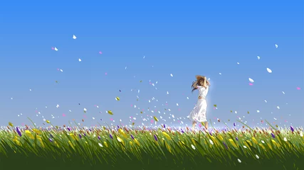 Rolgordijnen mooie vrouw die op een zomerdag in het bloemenveld staat, vectorillustratie © grandfailure