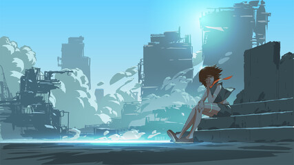 Naklejka premium woman sitting outside against the futuristic city scene in the background, vector illustration