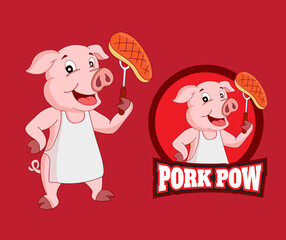 
vector cartoon mascot character, cute pink pig logo, cooking pork