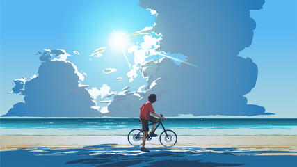 junger Mann sitzt auf einem Fahrrad und schaut an einem Sommertag auf das Meer, Vektorillustration