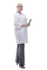 friendly female doctor with clipboard looking at you