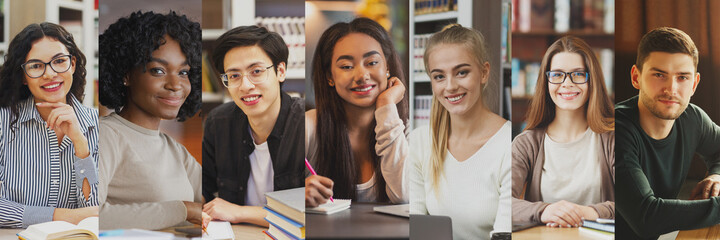 Collage Of Multicultural Students Portraits In Libraries, Panorama - Powered by Adobe
