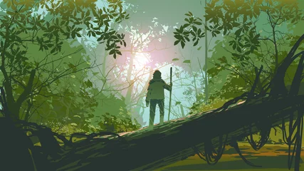 Photo sur Plexiglas Grand échec voyageur debout sur un arbre tombé dans la forêt, illustration vectorielle