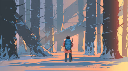 man traveling in a snowy forest, vector illustration