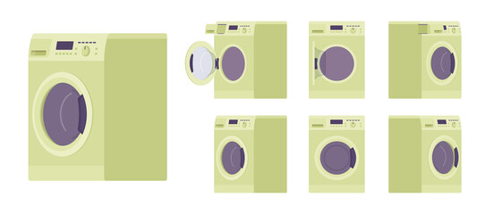 Washing Machine green set, laundry clothes washer home appliance. Front loader automatic modern household equipment. Vector flat style cartoon illustration isolated on white background, different view
