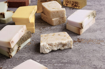 Assortment of soap bars. Natural herbal colorful soaps. Zero waste cosmetics.