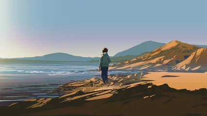 Foto op Canvas man die op een rots staat en op een zonnige dag naar de kust kijkt, vectorillustratie © grandfailure