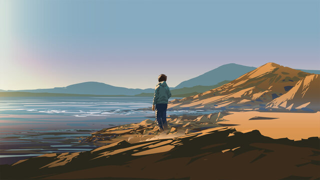 Fototapeta man standing on a rock looking at the shore on a sunny day, vector illustration