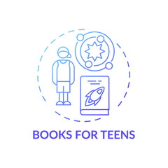 Books for teens concept icon. Online library categories idea thin line illustration. New technology. Science literature. Important educational matherials. Vector isolated outline RGB color drawing.