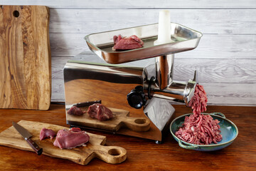 Meat minced in professional meat grinder. Mincing turkey meat at home with electric machine.