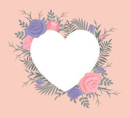 Floral beautiful heart shape frame, love, romance design. Blank greeting card decoration, Happy Valentines Day for sweetheart. Vector flat style cartoon illustration, pastel pink, peach background