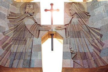 Entrance with stone gate to the Etchmiadzin Cathedral in Vagharshapat Yerevan in Armenia.
