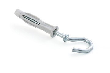 Plastic expansion plug with zinc plated steel hook C-type, isolated, photo stacking
