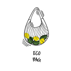 Textile, recyclable eco bag, shopping bag. Environmentally friendly packaging, zero waste. Organic food, vegetarian food in eco-friendly packaging Cartoon, doodle style.
